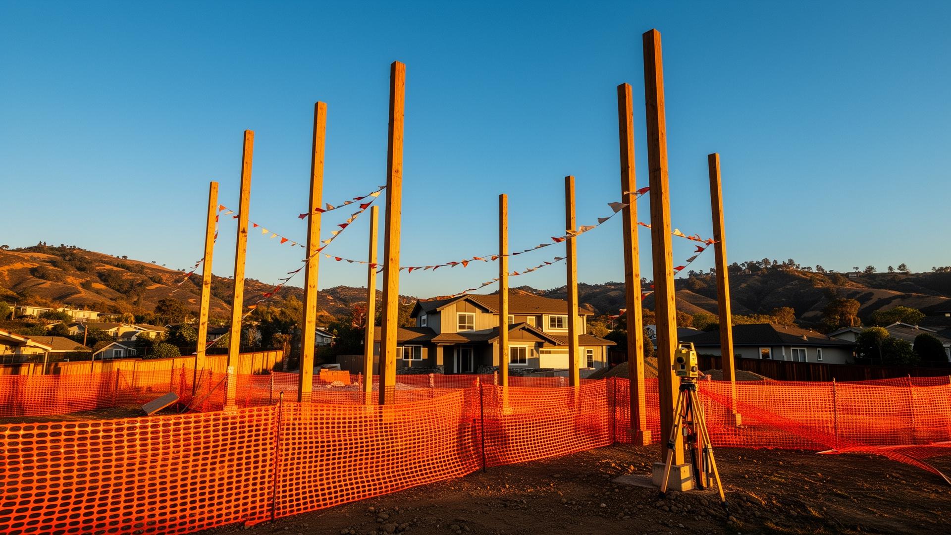 Story poles installed on a Southern California hillside lot showing the silhouette of a proposed home with bright orange construction mesh